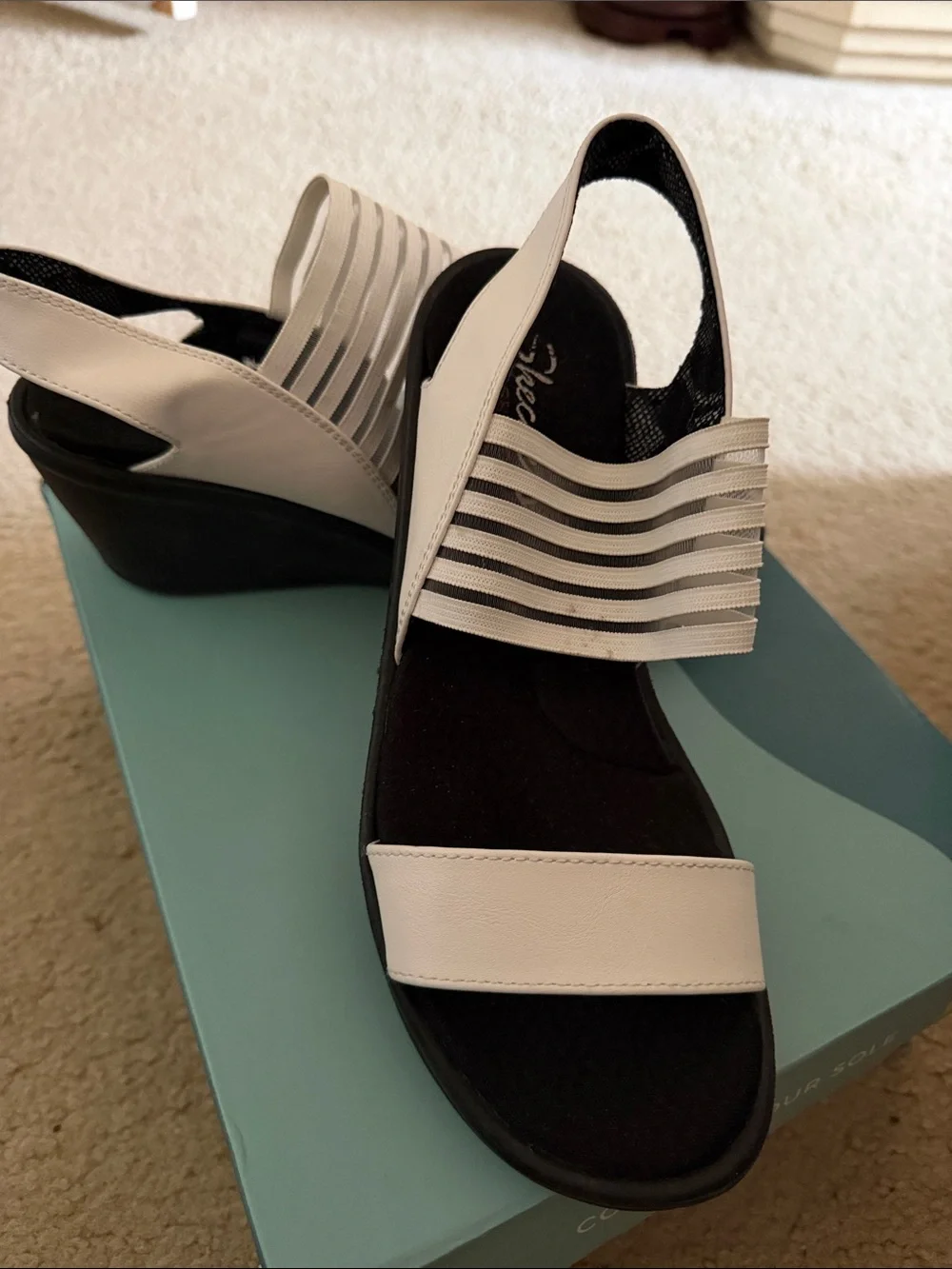 Skechers White and Black Slingback Wedge Sandals